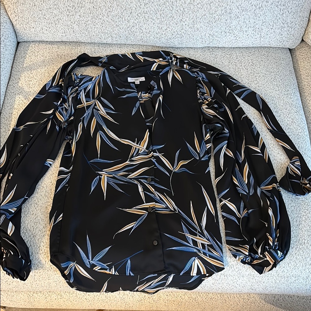 Equipment Black and Blue Puff Sleeve Blouse with Mandarin Collar